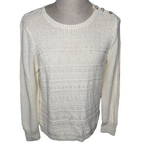 Talbots Cable Knit Sweater XL Ivory Bott Neck Gold Crest Button Nautical New
